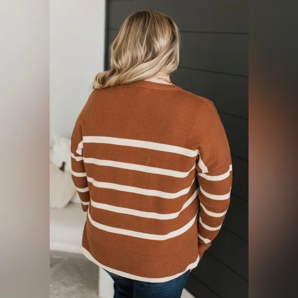 Burnt Orange Cream Striped Soft Knit Lightweight Sweater, Relaxed Fit, Medium